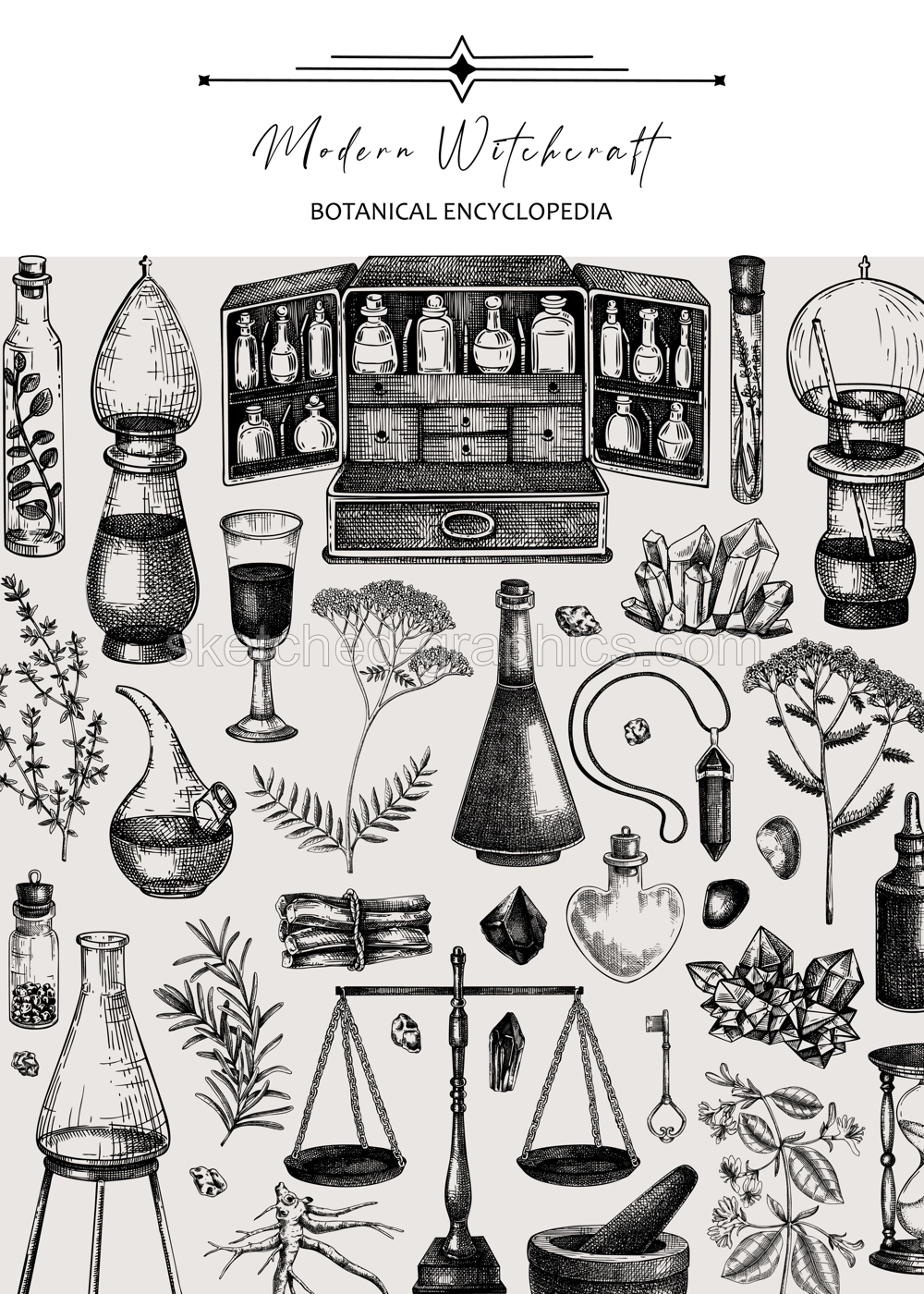 Antique apothecary frame. Hand-drawn vector illustrations. Alchemy sketches. Bohemian style witchcraft background. Vintage card invitation design. NOT AI generated Illustration